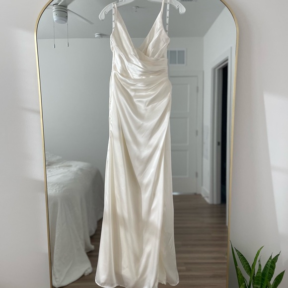 Draped Satin Spaghetti Strap Sheath Wedding Dress - Picture 2 of 6